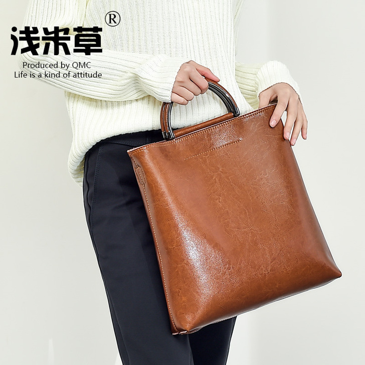 浅米草真皮女包中包牛皮大容量托特包手提包#...