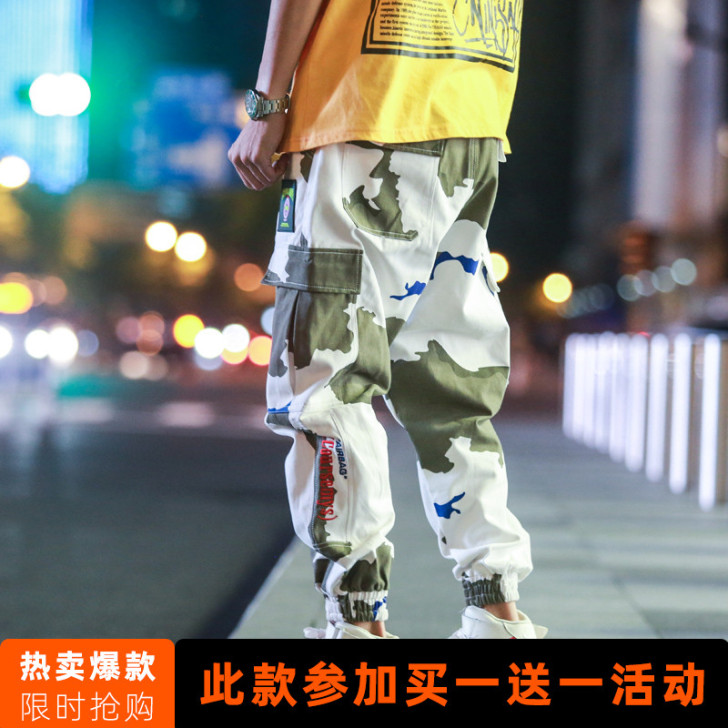 易冧迷彩工装裤男春夏潮牌宽松韩版潮流国潮束...