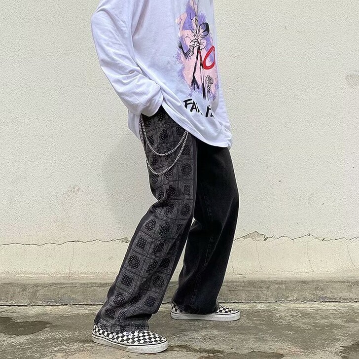 春夏季宽松垂感拼接阔腿腰果花裤子色高街风水...
