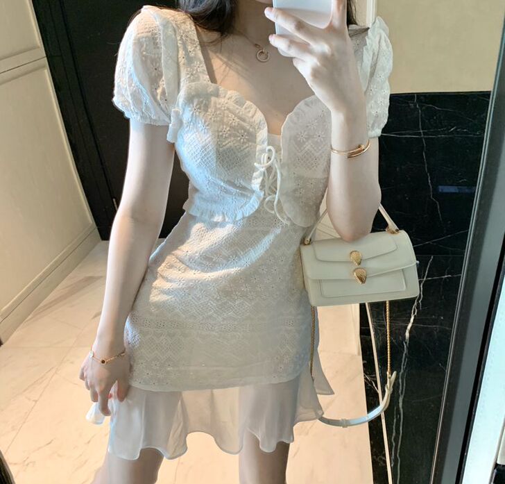 碎花连衣裙仙女裙甜美初恋雪纺裙蕾丝2020...