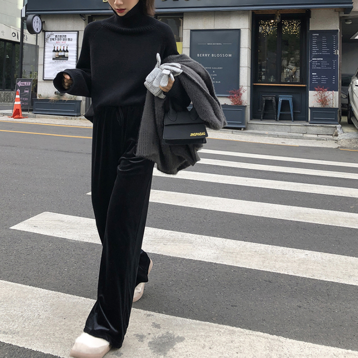 EKOOL金丝绒阔腿裤女高腰宽松垂感运动休...