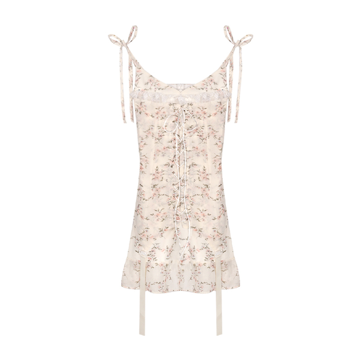 法式性感碎花吊带仙女裙子春夏季蕾丝复古短裙...