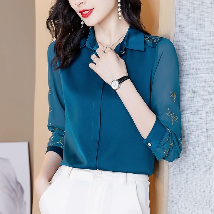 折扣店真丝衬衫女士洋气春秋品牌长袖职业衬衣...