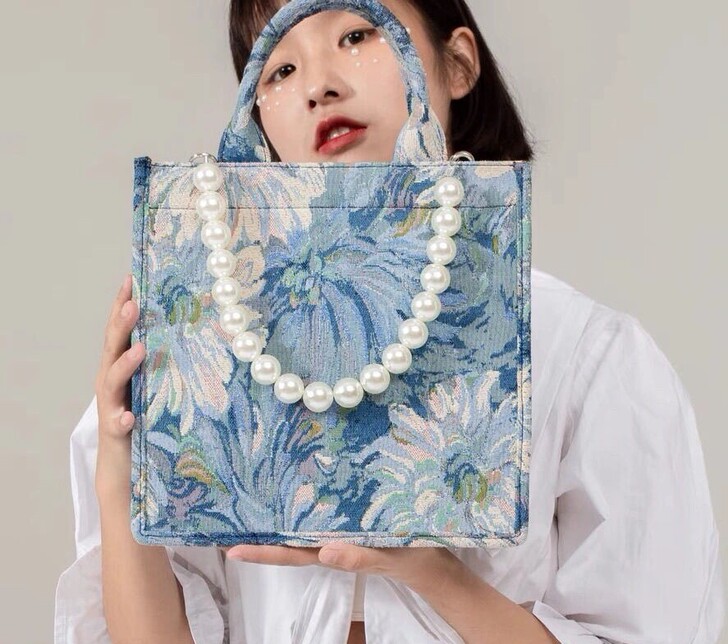 小众原创珍珠提花莫奈花园油画托特包包女20...