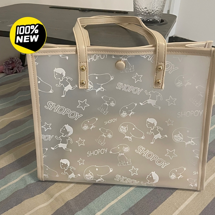 【全新】史努比手提托特包包女夏季透明果冻包...