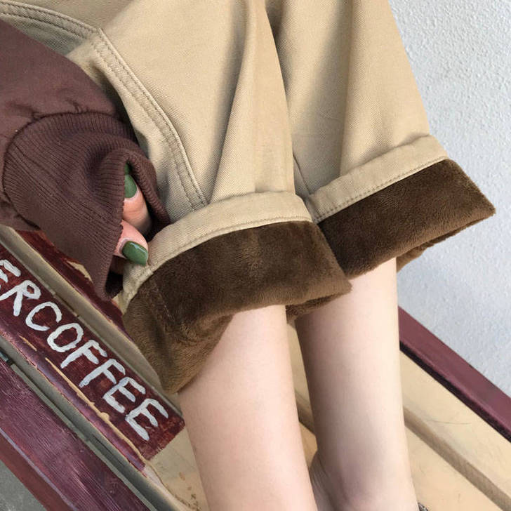 秋冬季加绒裤子女学生韩版宽松高腰外穿加厚工...