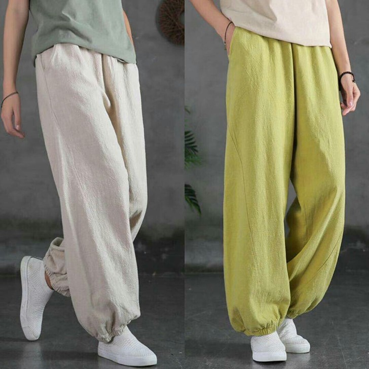 100%棉麻复古灯笼裤子女2021春夏新款...