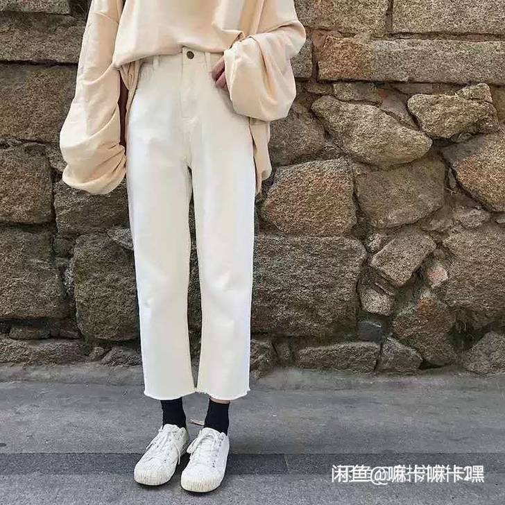 秋装韩版新款chic毛边牛仔裤女宽松显瘦#...