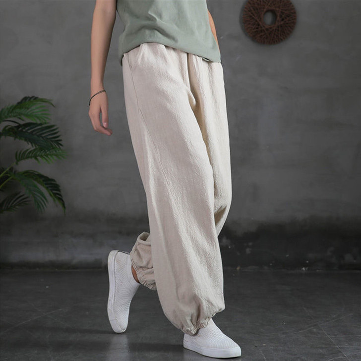 棉麻复古灯笼裤子女2021春夏新款束脚裤宽...