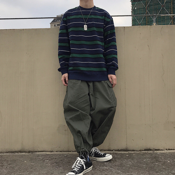 五号渡口 秋季情侣款条纹宽松卫衣男士套头衫...