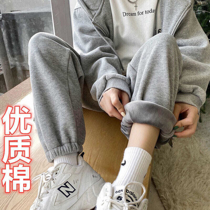 运动裤女秋冬加绒宽松束脚休闲裤女休闲显瘦哈...
