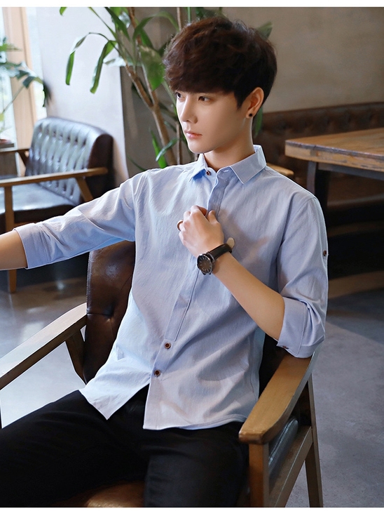 全新 夏季男士七分袖衬衫韩版修身休闲7分袖...