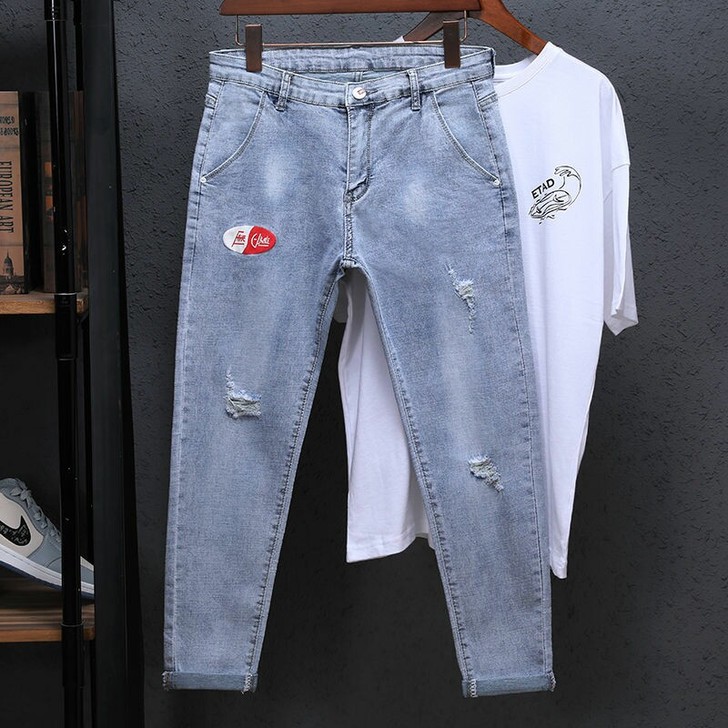 春夏新品九分牛仔裤男破洞修身小脚裤学生裤子...