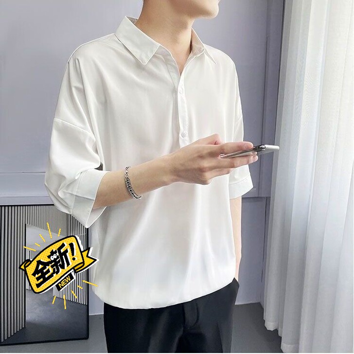 衬衫男短袖宽松韩版男士休闲五分袖衬衣T恤夏...