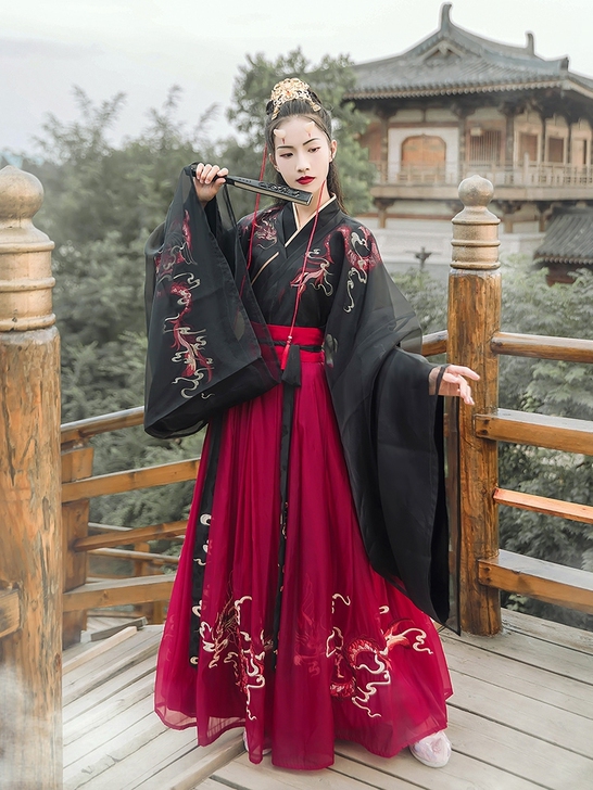 【汉尚华莲夜弦歌改良汉服女交领衫裙齐腰龙纹...
