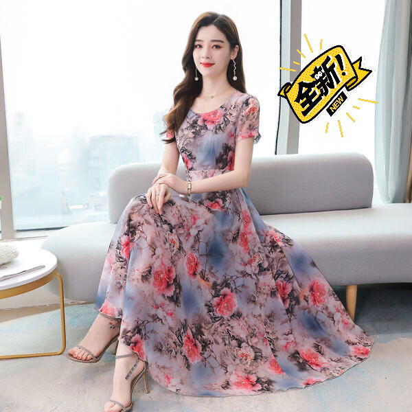 仿冰丝印花连衣裙女2021春夏新款韩版收腰...