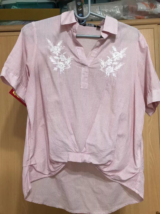 包邮很好看的红白细条纹全棉女士短袖衬衫,宝...