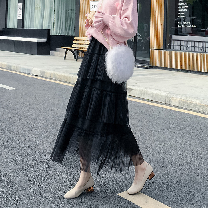 网纱蛋糕裙中长款女2019秋冬季新款黑色半...