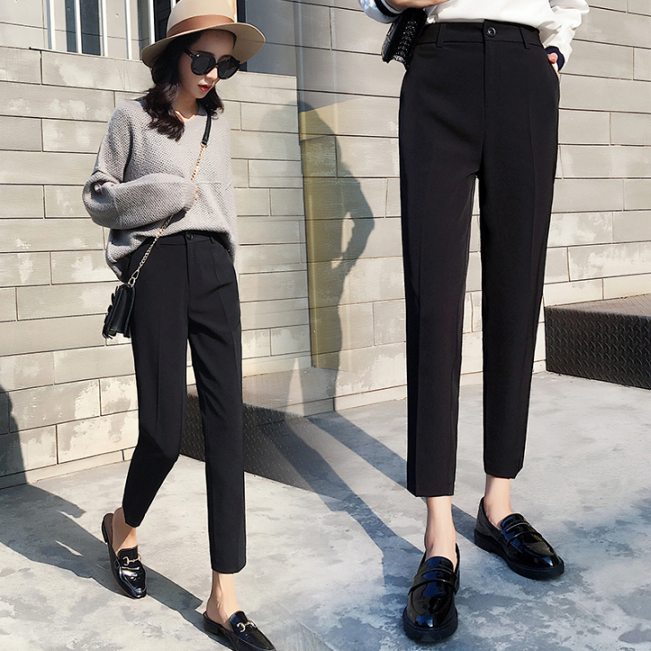 黑色西装裤女秋季直筒九分休闲哈伦裤子小脚女...