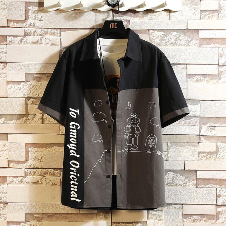 2021夏季新款短袖衬衫男士宽松撞色拼接上...