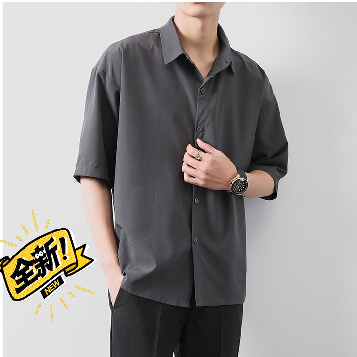 夏季男士短袖衬衫冰丝垂感柔顺痞帅韩版潮流d...