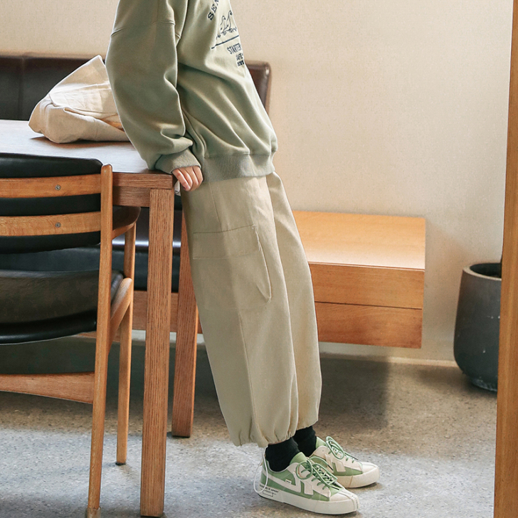 忠犬小八梨形自制-卡其色工装裤-春新款宽松...