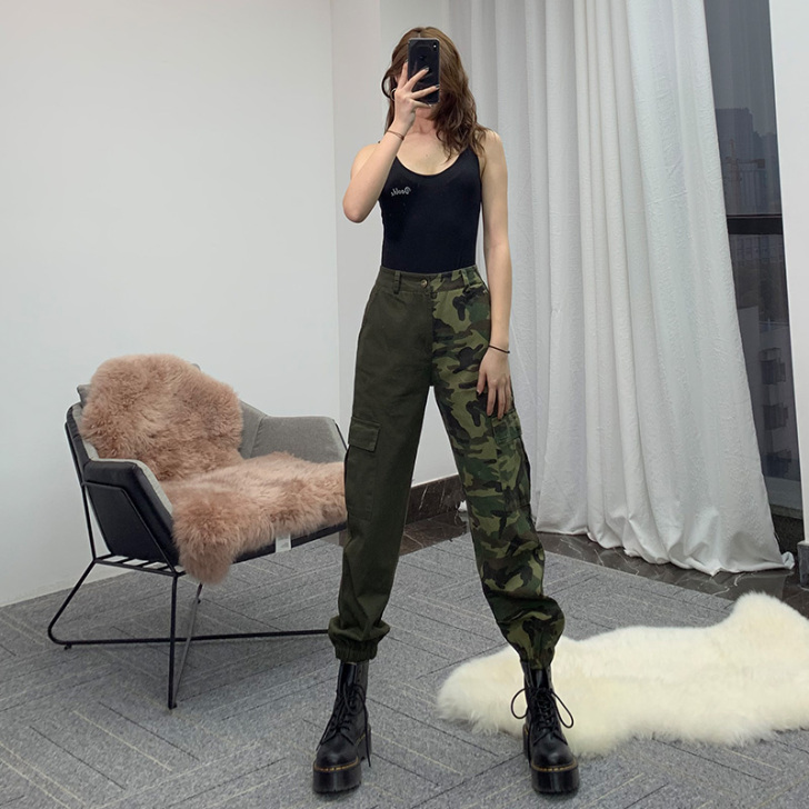 2020流行女裤新款bf不对称拼接迷彩嘻哈...