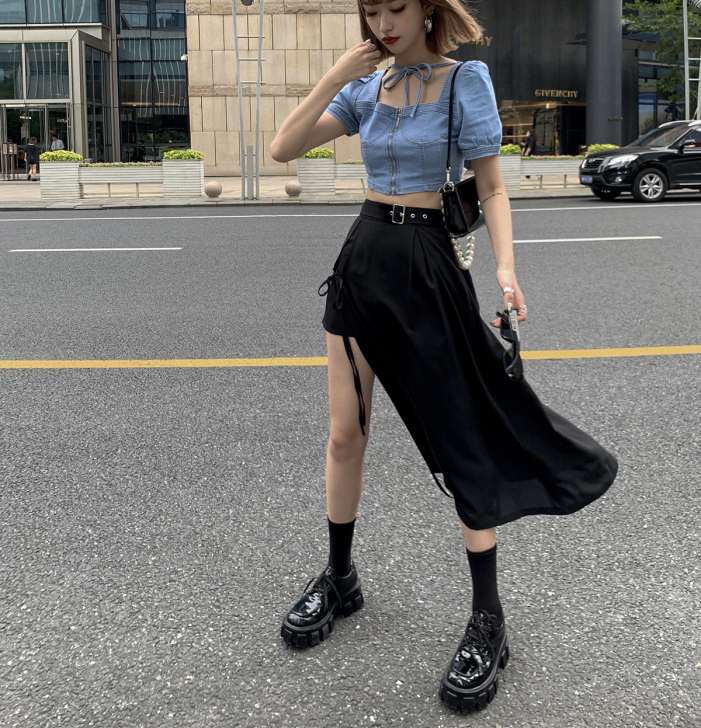 EZ14黑色垂感半身裙女2021夏新款不规...