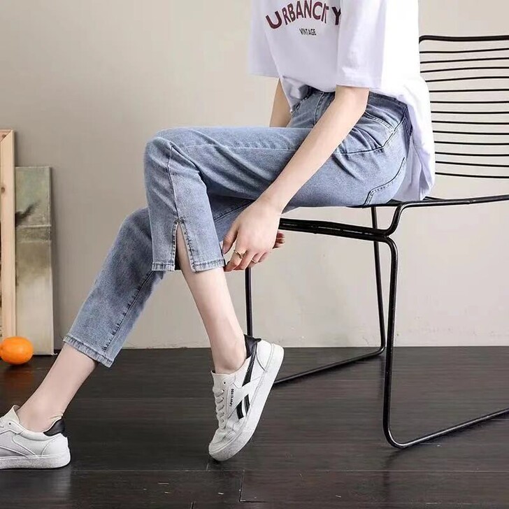 全新开叉牛仔裤女七分直筒裤夏季薄宽松高腰显...