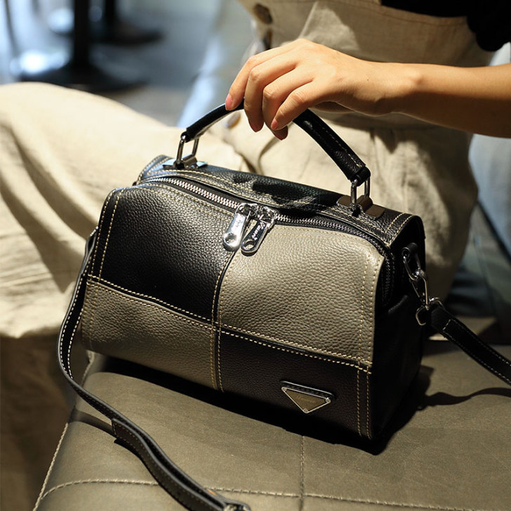 菲色如华新款撞色头层牛皮波士顿包包女单肩包...