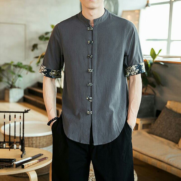 夏季立领衬衫男潮流中国风男装短袖衬衣唐装青...