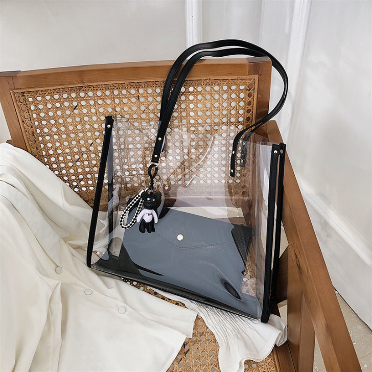 网红大容量托特包包女2021新款流行果冻透...