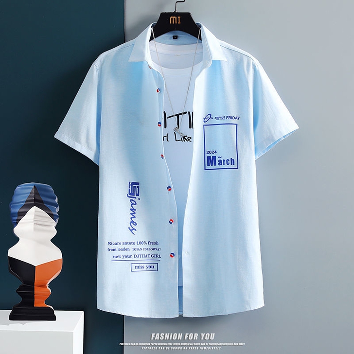 男士衬衫短袖韩版潮流帅气夏季薄款休闲日系半...