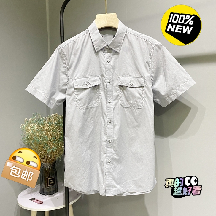 大码灰蓝净色男短袖衬衫 工装短袖衬衣 时尚...