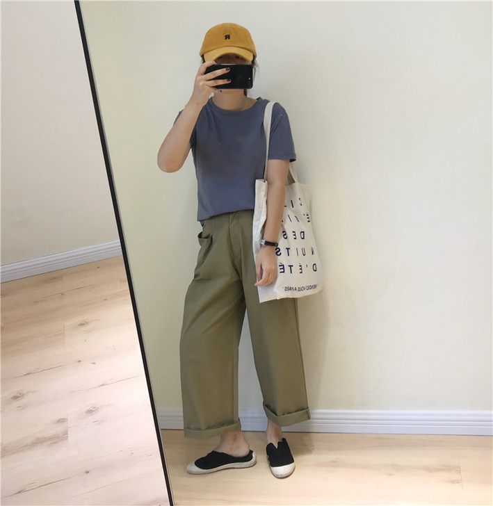 ins超火裤子~日系卡其色工装裤