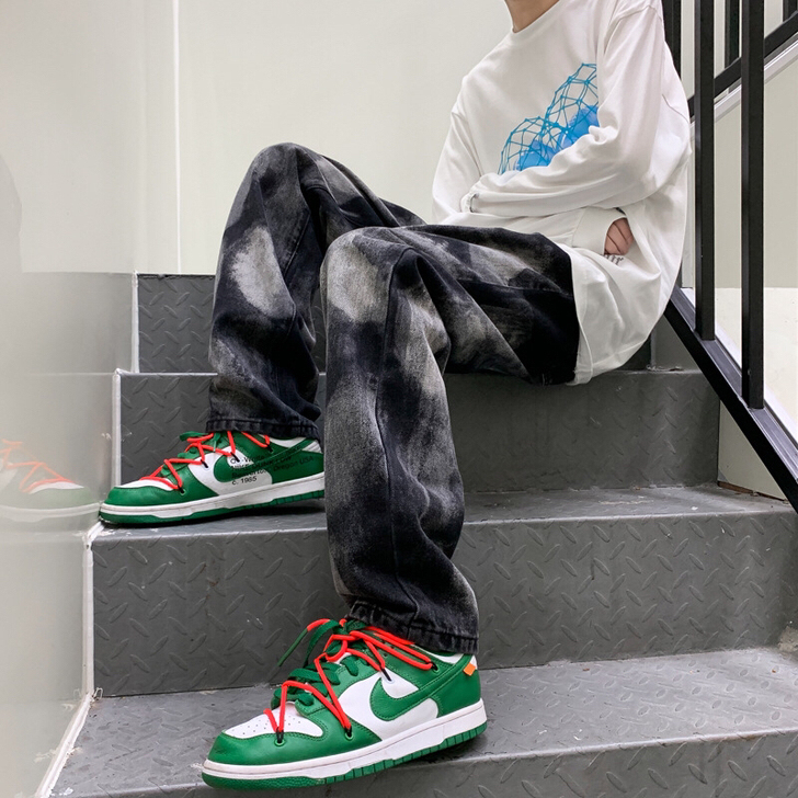 扎染牛仔裤男夏季宽松薄款直筒阔腿裤ins潮...