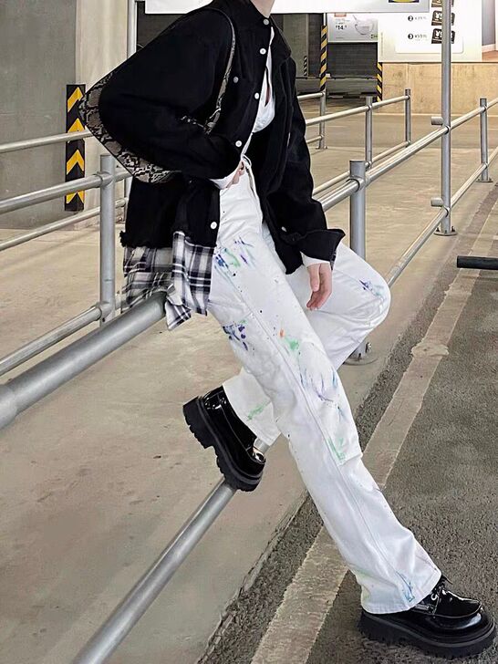 MJ潮社新因素白色牛仔裤男直筒宽松长裤潮牌...