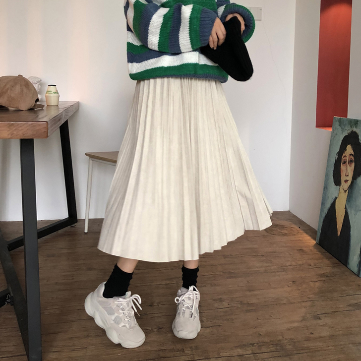 春装高腰鹿皮绒仙女半身裙子女百搭黑色长裙中...