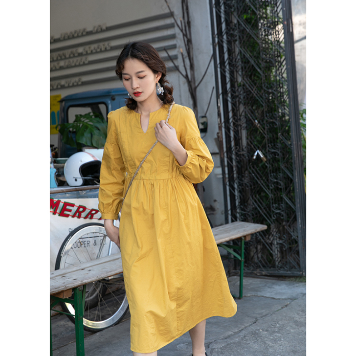 清仓秒杀 复古法式姜黄色连衣裙春秋长袖长裙...