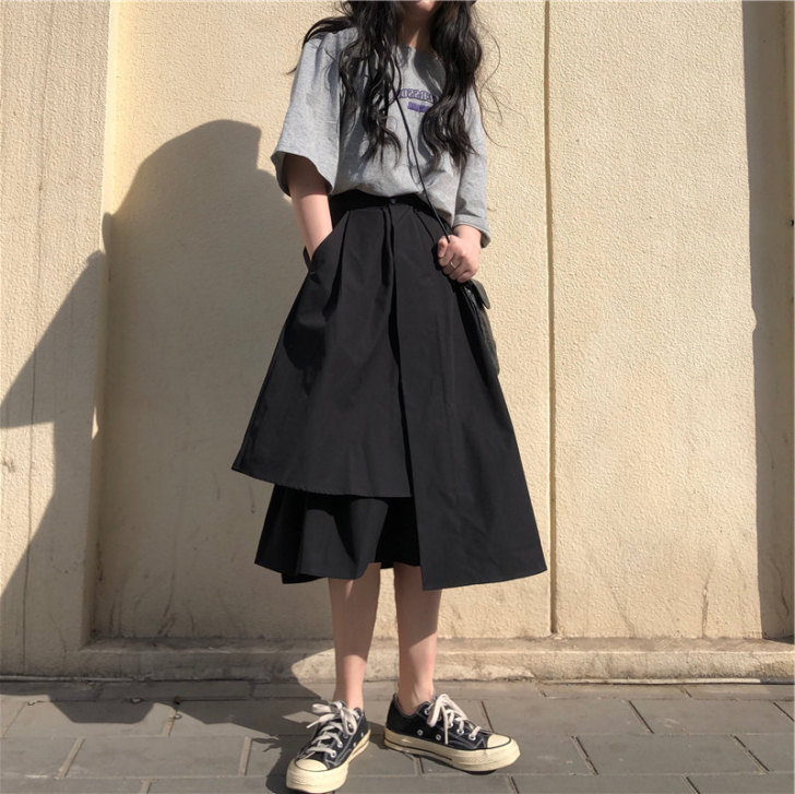 150小个子半身裙女春秋新款高腰大摆不规则...