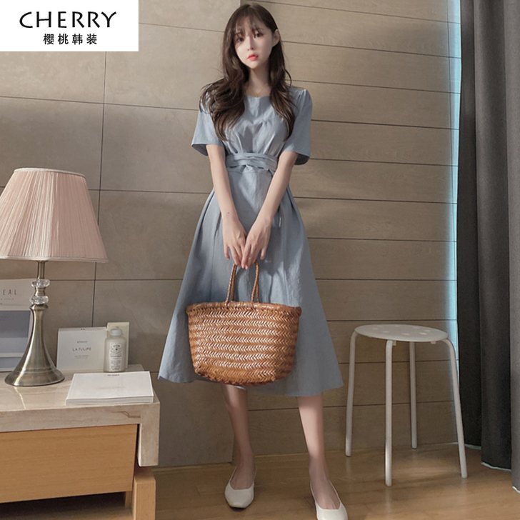 收腰显瘦长款森系脚踝超长裙方领连衣裙女夏法...