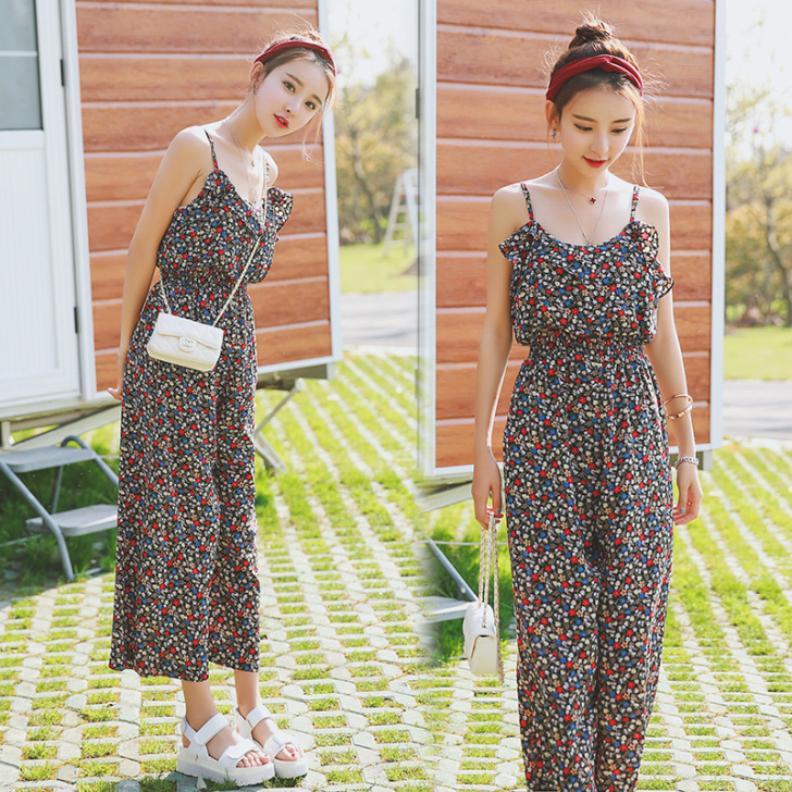 修身森女系高腰薄款小碎花吊带连体裤裙夏季新...