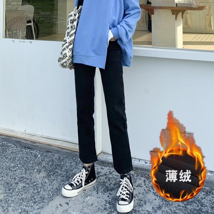高腰黑色直筒加绒牛仔裤女秋冬宽松显瘦百##...