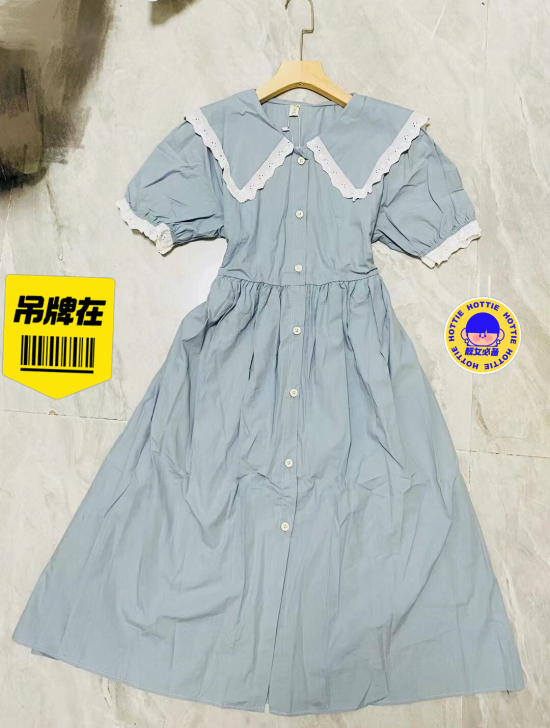全新温柔复古浅蓝色连衣裙2021新款夏季仙...