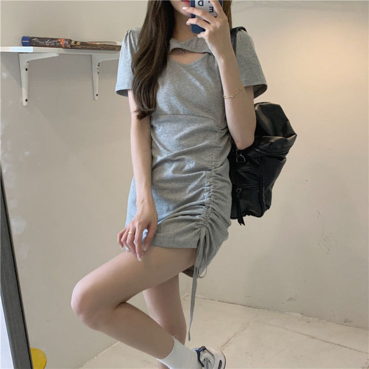 夏季2021新款设计感小众抽绳修身显瘦辣妹...