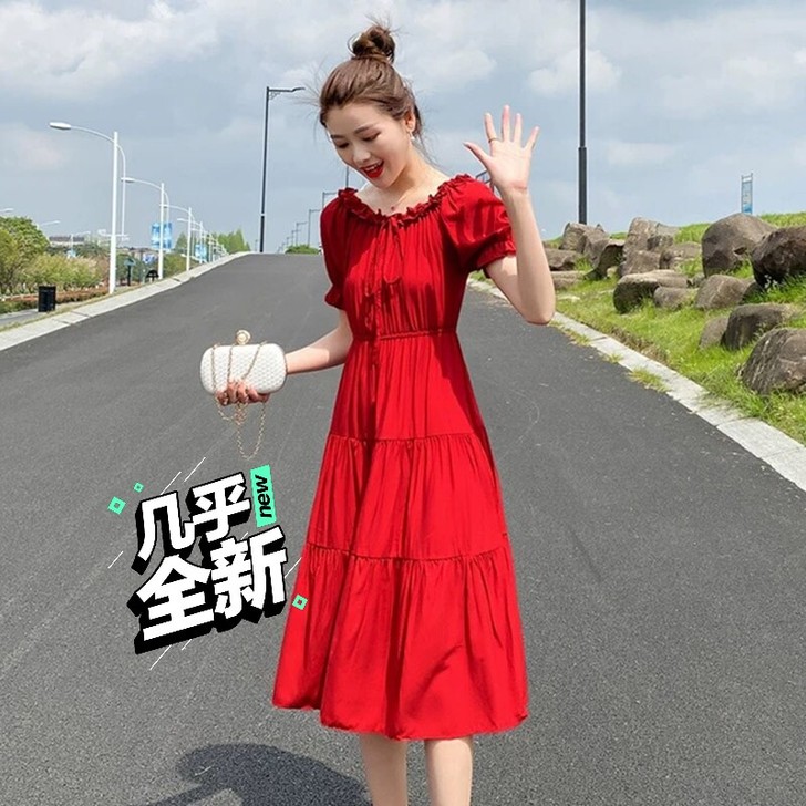 酒红色连衣裙女夏季2021新款收腰显瘦遮肚...