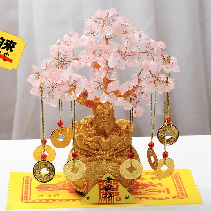 粉水晶招财树摆件客厅酒柜电视柜装饰品开业礼...