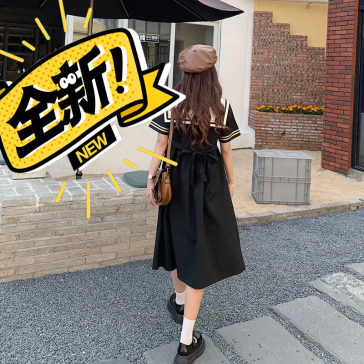 全新 学院风日系甜美短袖海军领连衣裙女学生...