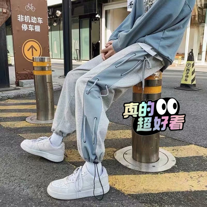 夏季薄款裤子男高街百搭个性卫裤潮牌束脚裤韩...
