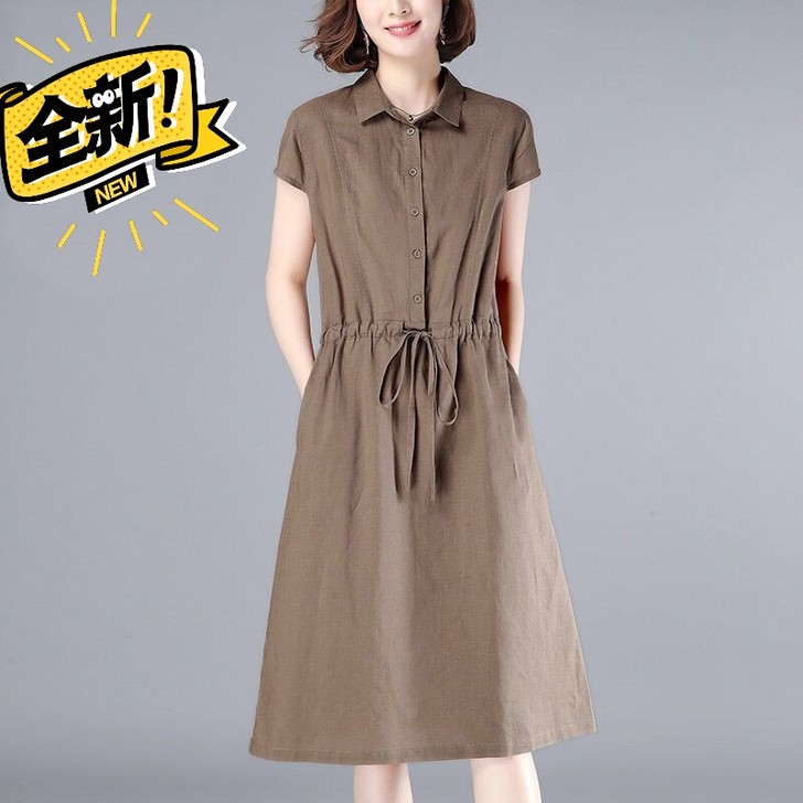 减龄宽松休闲系带棉女短袖中长款新款夏装连衣裙